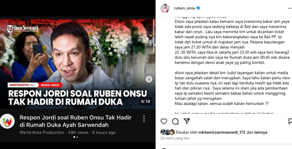 Ruben Onsu Klarifikasi Diberitakan Tak Hadir di Rumah Duka Mendiang Ayah Sarwendah [Instagram]